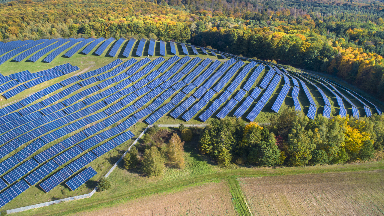 A rural solar farm set amongst forest and field. Credit: Getty Images